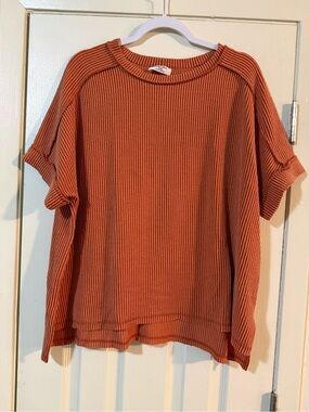 Zenana Outfitters Rust Short Sleeve Waffle Knit Top
